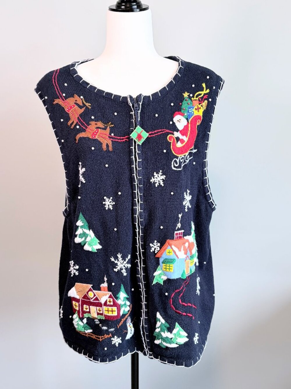 Vintage Christmas Sweater Vest Full Zip Holiday Santa Embroidered Blue Women 18W